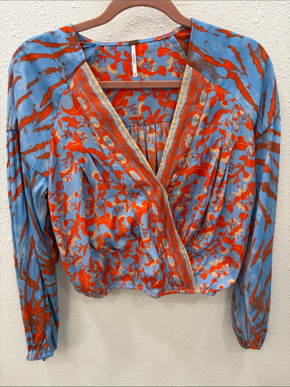 Free People Blue and Orange Floral Wrap Blouse